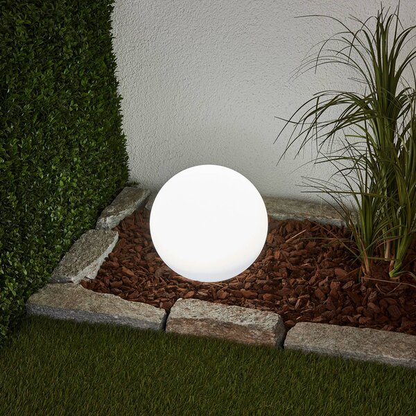 Lindby Lampa solarna LED Lago, Ø 25 cm, kula ziemska, szpikulec, biały