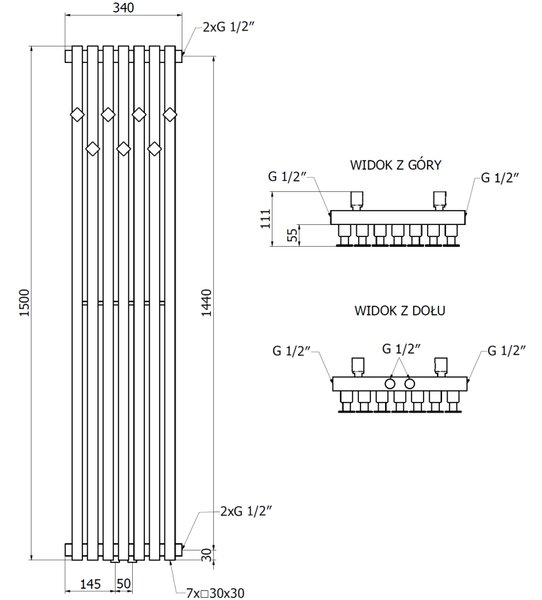 Mexen Flux grzejnik łazienkowy dekoracyjny 1500 x 340 mm, 630 W, czarny - W127-1500-340-00-70