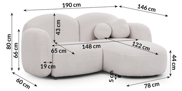 Kremowy narożnik z materiału bouclé (prawostronny/z szezlongiem) Orbit – Ropez