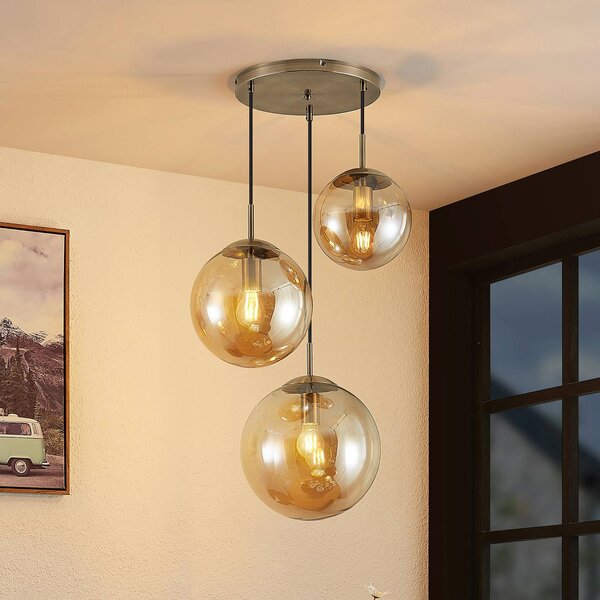 Lampa wisząca szklana Teeja Lindby, możliwość ściemniania, kremowy / amber, salon / jadalnia, szkło, nowoczesny