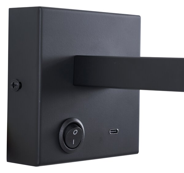Nowoczesny czarny kinkiet z USB-C z możliwością regulacji nachylenia - Rex