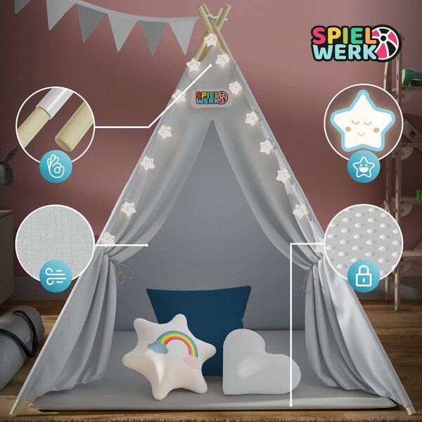 Namiot tipi JULIUS, 120x120x160cm, szara/niebieska Spielwerk