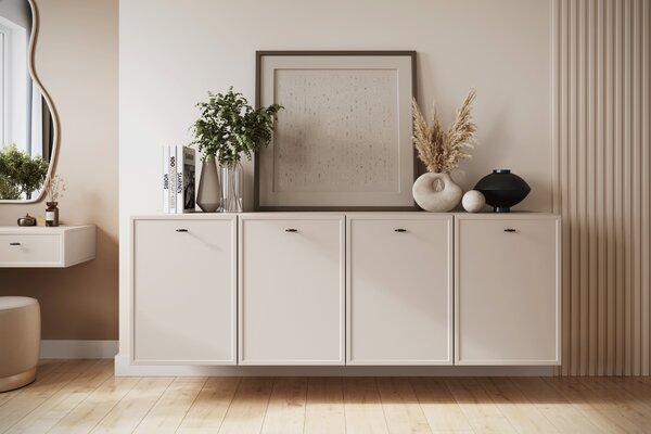 Komoda wisząca Lorini 200 cm czterodrzwiowa - kaszmir / czarne uchwyty T-bar