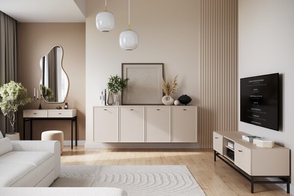 Komoda wisząca Lorini 200 cm czterodrzwiowa - kaszmir / czarne uchwyty T-bar