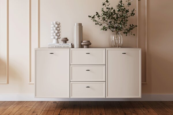 Komoda wisząca Lorini 150 cm z szufladami - kaszmir / czarne uchwyty T-bar