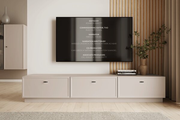 Szafka RTV Lorini 200 cm z szufladami - kaszmir / czarne uchwyty T-bar