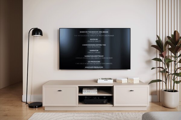 Szafka RTV Lorini 150 cm z szufladami - kaszmir / czarne uchwyty T-bar