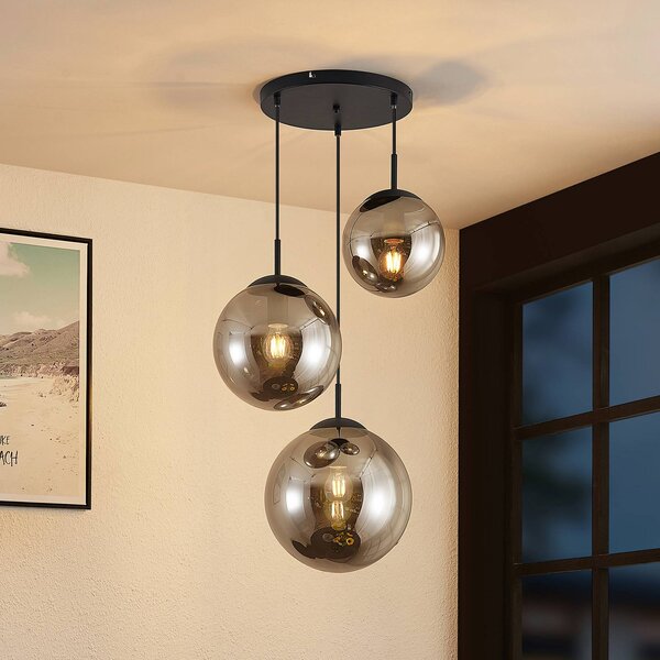 Lampa wisząca szklana Teeja Lindby, możliwość ściemniania, aluminiowy / szary / cynkowy, salon / jadalnia, szkło, vintage