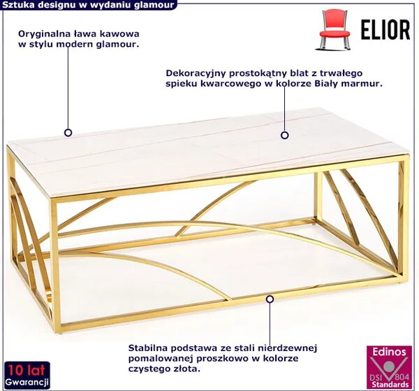 Złota ława glamour z blatem bialy marmur S5-D63