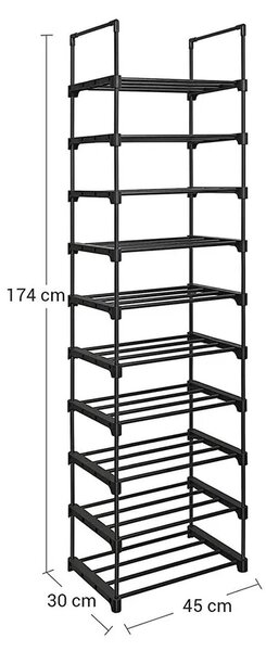 Półka na buty TUBE, 10 półek, 45x30x174cm, czarna SongmicsHome