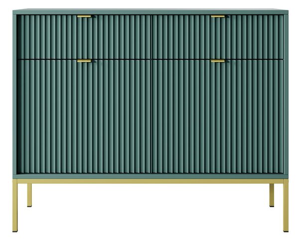 Komoda Nova zielona z szufladami (KSZ104) , fronty ryflowane, do salonu, złoty stelaż