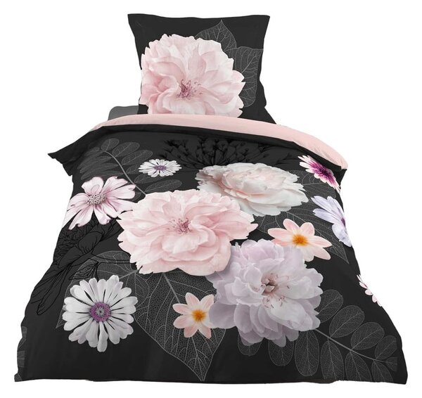 Czarna/różowa bawełniana pościel jednoosobowa 140x200 cm Floral – douceur d'intérieur
