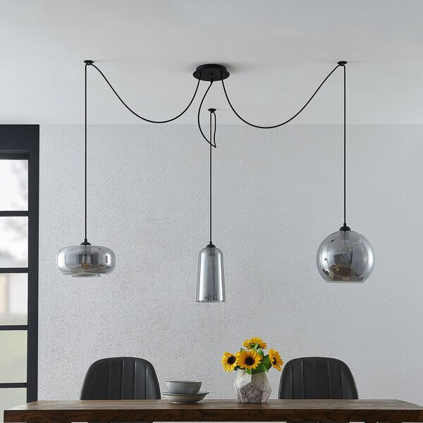 Lampa wisząca szklana Zyli Lucande, możliwość ściemniania, aluminiowy / szary / cynkowy, salon / jadalnia, szkło, vintage