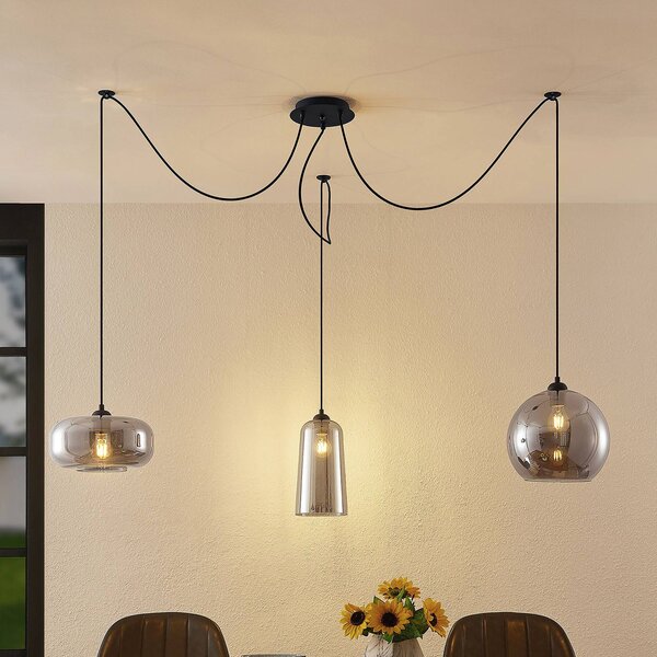 Lampa wisząca szklana Zyli Lucande, możliwość ściemniania, aluminiowy / szary / cynkowy, salon / jadalnia, szkło, vintage