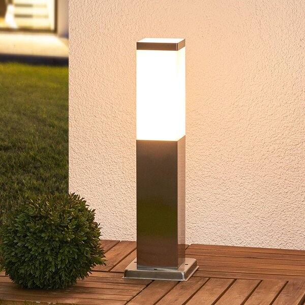 Lindby Słupek oświetleniowy Lorian, 45 cm, stal nierdzewna, IP44, E27 Lorian Lindby, możliwość ściemniania, aluminiowy / szary / cynkowy, stal szlachetna, nowoczesny