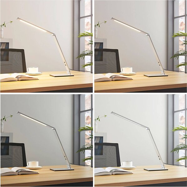 Lampa biurkowa LED Nicano Lucande, możliwość ściemniania, aluminiowy / szary / cynkowy, biuro, aluminium, nowoczesny