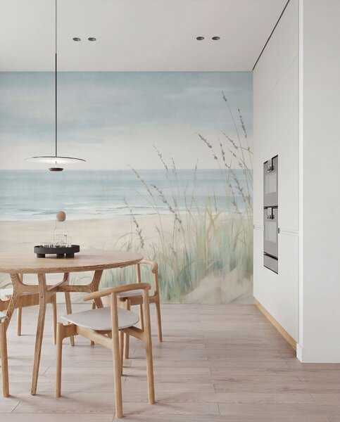 Fototapety Piasek muszlowy, łagodna linia brzegu i trawy w delikatnych pastelowych odcieniach, Fototapety Morze i Plaża, w05821 : Uwalls.pl