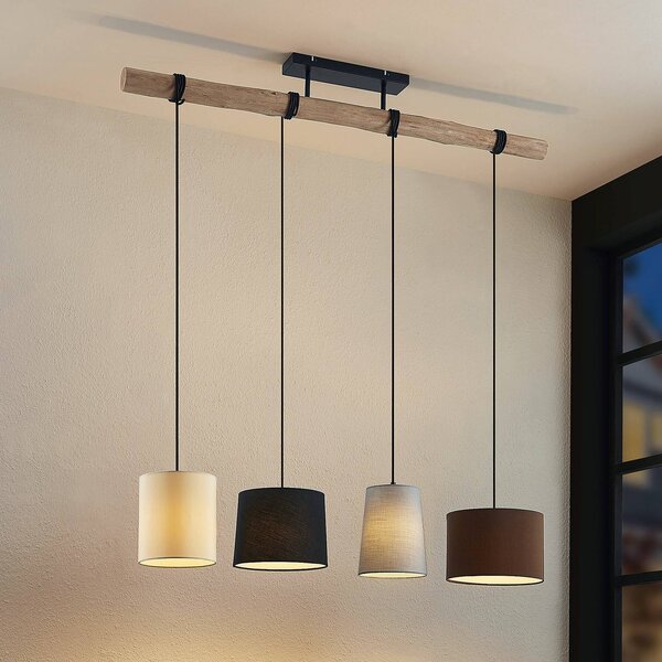 Lampa wisząca Amilia Lindby, możliwość ściemniania, jasne drewno, salon / jadalnia, tkanina / materiał / jedwab, nowoczesny