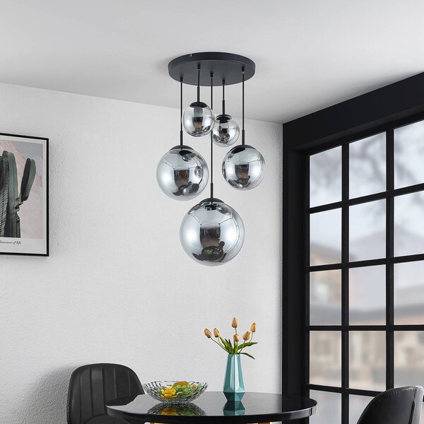 Lampa wisząca szklana Teeja Lindby, możliwość ściemniania, aluminiowy / szary / cynkowy, salon / jadalnia, szkło, vintage