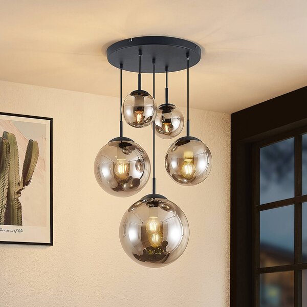 Lampa wisząca szklana Teeja Lindby, możliwość ściemniania, aluminiowy / szary / cynkowy, salon / jadalnia, szkło, vintage