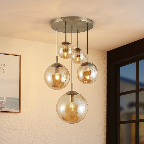 Lampa wisząca szklana Teeja Lindby, możliwość ściemniania, kremowy / amber, salon / jadalnia, szkło, vintage