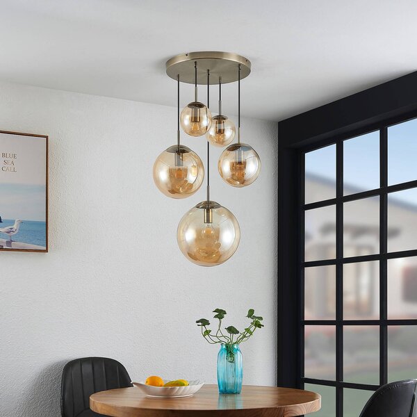 Lampa wisząca szklana Teeja Lindby, możliwość ściemniania, kremowy / amber, salon / jadalnia, szkło, vintage