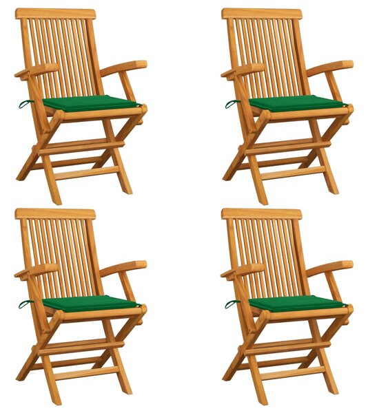 Krzesła ogrodowe z zielonymi poduszkami, 4 szt., drewno tekowe