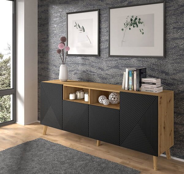 Loftowa komoda na nóżkach czerń z dębem artisan | Umeblowana.com
