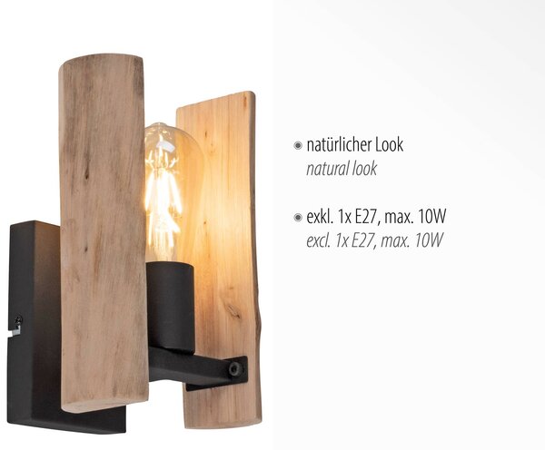 JUST LIGHT. GmbH Kinkiet Log, możliwość ściemniania, jasne drewno, salon / jadalnia, aluminium, dworkowy / rustykalny