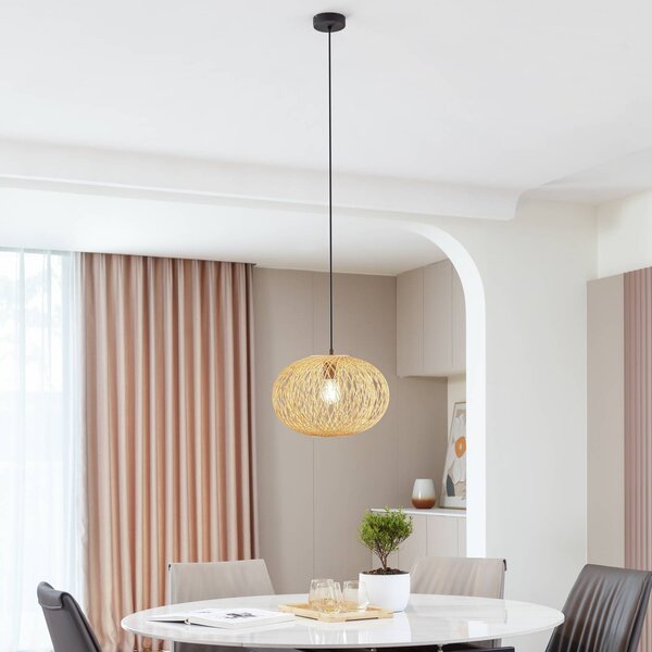 Lampa wisząca Solvira Lindby, możliwość ściemniania, jasne drewno, salon / jadalnia, bambus, skandynawski