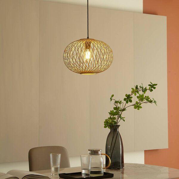 Lampa wisząca Solvira Lindby, możliwość ściemniania, jasne drewno, salon / jadalnia, bambus, skandynawski