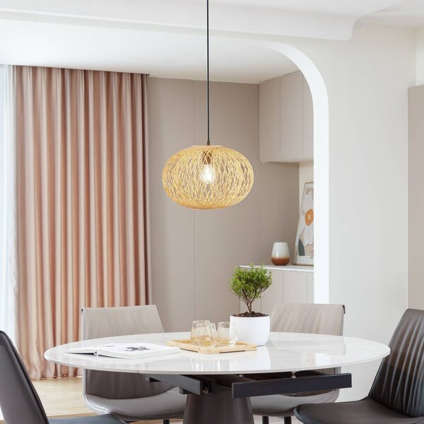 Lampa wisząca Solvira Lindby, możliwość ściemniania, jasne drewno, salon / jadalnia, bambus, skandynawski
