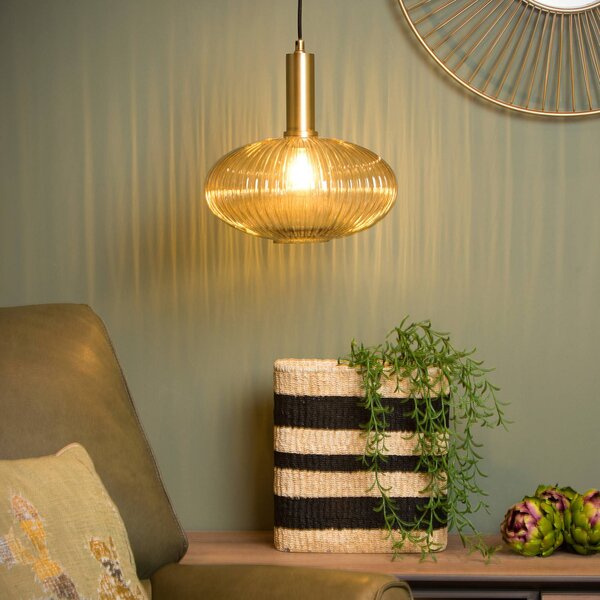 Lucide Szklana lampa wisząca Maloto, Ø 30 cm, bursztynowa możliwość ściemniania, kremowy / amber, salon / jadalnia, szkło