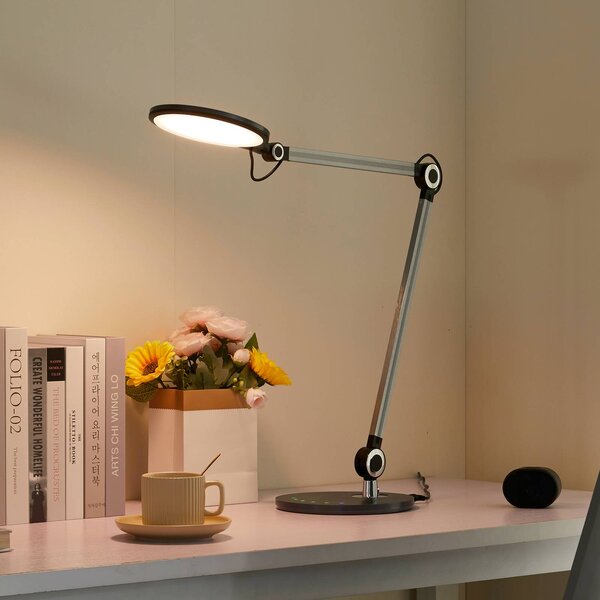 Lampa biurkowa LED Nyxaris Lindby, możliwość ściemniania, aluminiowy / szary / cynkowy, biuro, tworzywo sztuczne, nowoczesny
