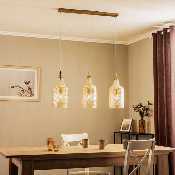 Lampa wisząca szklana Drakar Lindby, możliwość ściemniania, kremowy / amber, salon / jadalnia, szkło, vintage