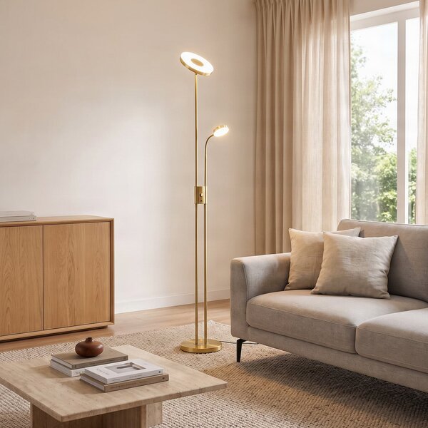 Lampa Podłogowa Lindby, Seppa, ściemnialny, złoty | mosiężny, salon, metal, nowoczesny