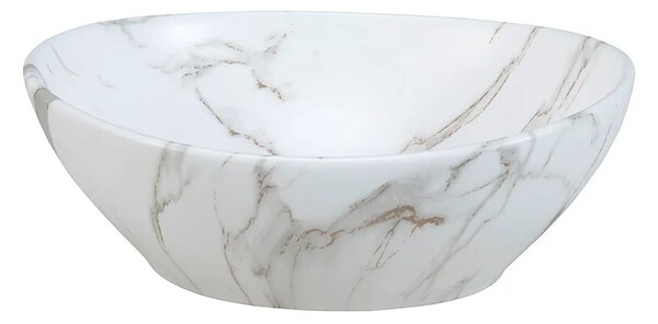 Biała okrągła umywalka ceramiczna z motywem marmuru R5-C11