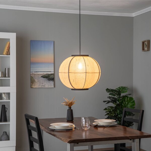 Lampa wisząca Aurinil Lindby, możliwość ściemniania, jasne drewno, salon / jadalnia, tkanina / materiał / jedwab, dworkowy / rustykalny