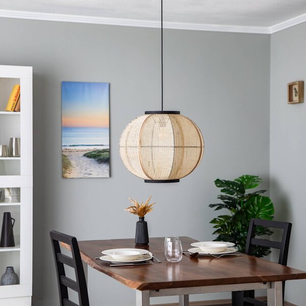 Lampa wisząca Aurinil Lindby, możliwość ściemniania, jasne drewno, salon / jadalnia, tkanina / materiał / jedwab, dworkowy / rustykalny