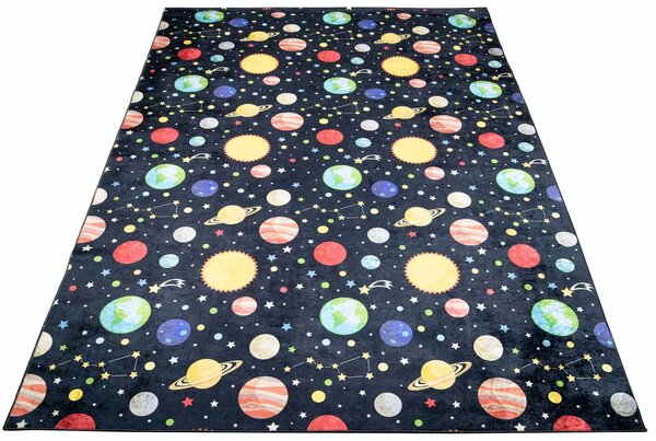 Czarno-kolorowy dywan dziecięcy z planetami i gwiazdami G3-T87