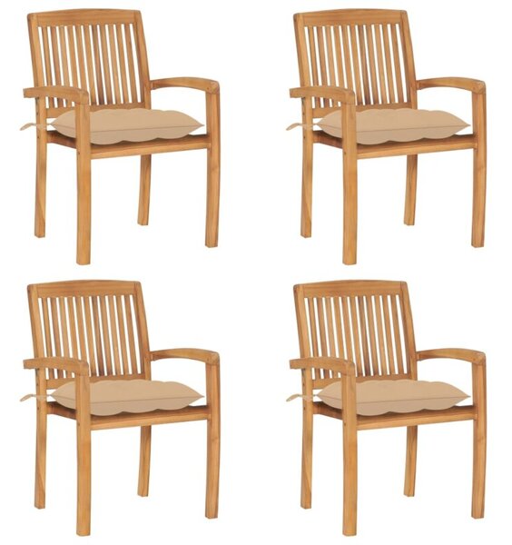 Sztaplowane krzesła ogrodowe z poduszkami, 4 szt., tekowe