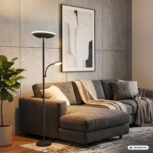 Briloner Lampa stojąca Sira, możliwość ściemniania, czarny, biuro, metal, nowoczesny
