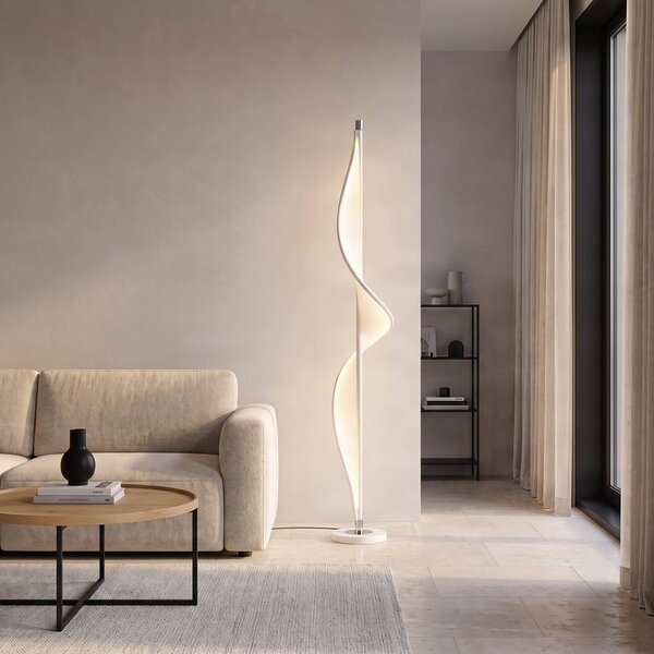 Lampa stojąca Edano Lucande, możliwość ściemniania, biały / opal, salon / jadalnia, tkanina / materiał / jedwab, nowoczesny