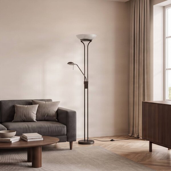 Lampa stojąca LED Yveta Lindby, możliwość ściemniania, brązowy / rdzawy, salon / jadalnia, metal, dworkowy / rustykalny