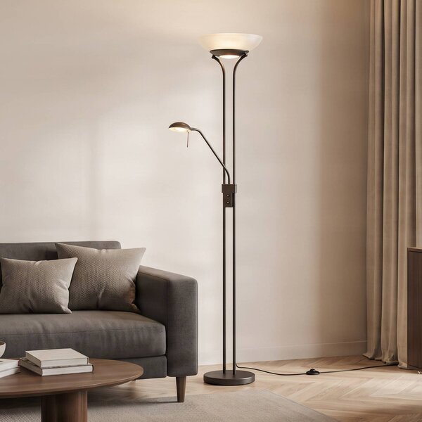 Lampa stojąca LED Yveta Lindby, możliwość ściemniania, brązowy / rdzawy, salon / jadalnia, metal, dworkowy / rustykalny