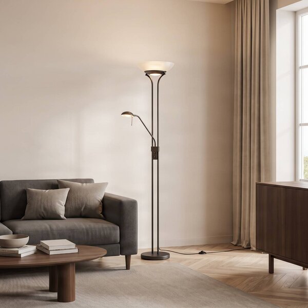 Lampa stojąca LED Yveta Lindby, możliwość ściemniania, brązowy / rdzawy, salon / jadalnia, metal, dworkowy / rustykalny