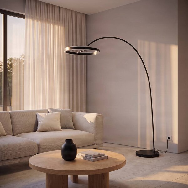 Lampa łukowa - lampa stojąca Yekta Lucande, możliwość ściemniania, czarny, salon / jadalnia, metal, design