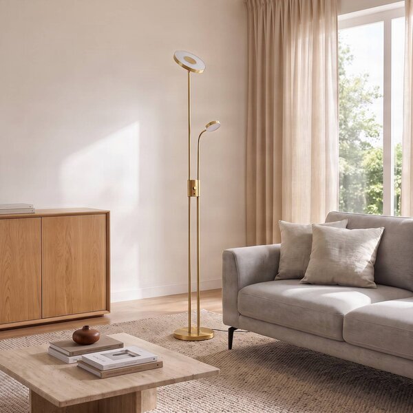 Lampa stojąca LED Seppa Lindby, możliwość ściemniania, mosiężny / złoty, salon / jadalnia, metal, nowoczesny