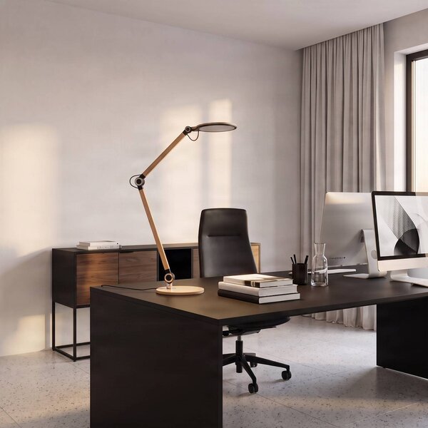 Lampa biurkowa LED Nyxaris Lindby, możliwość ściemniania, mosiężny / złoty, biuro, tworzywo sztuczne, nowoczesny