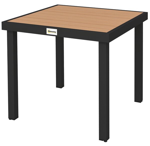 Stół balkonowy, stół tarasowy, stół ogrodowy. Materiał: tworzywo sztuczne, wygląd drewna. Rama: aluminium, kolor: czarny. Odporny na warunki atmosferyczne. Maksymalne obciążenie: 50 kg. Wymiary: 78x78x74 cm